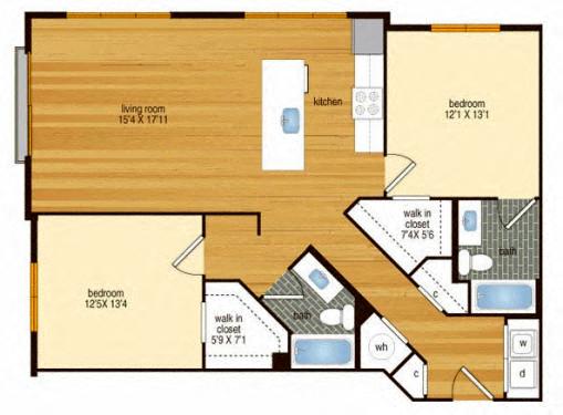Floor plan for 2 beds, 2 baths, 1204 sqft